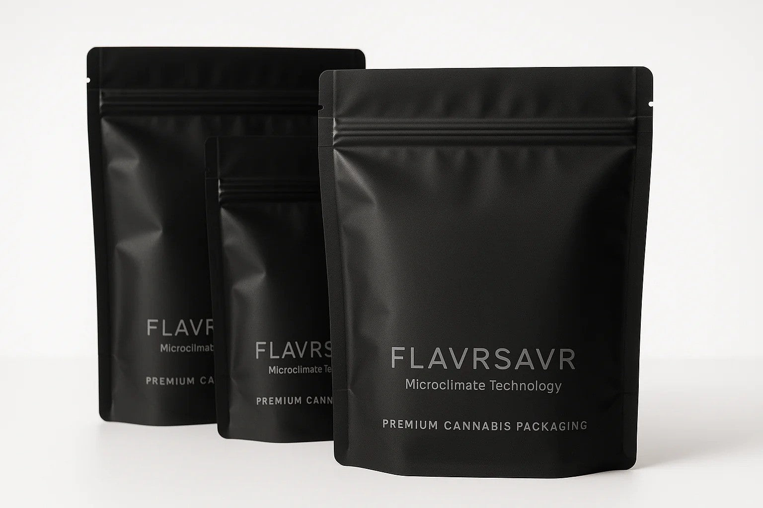 Green cannabis packaging set including 3.5g dispensary bags, glass jars, and sativa box with labeled cannabis branding.