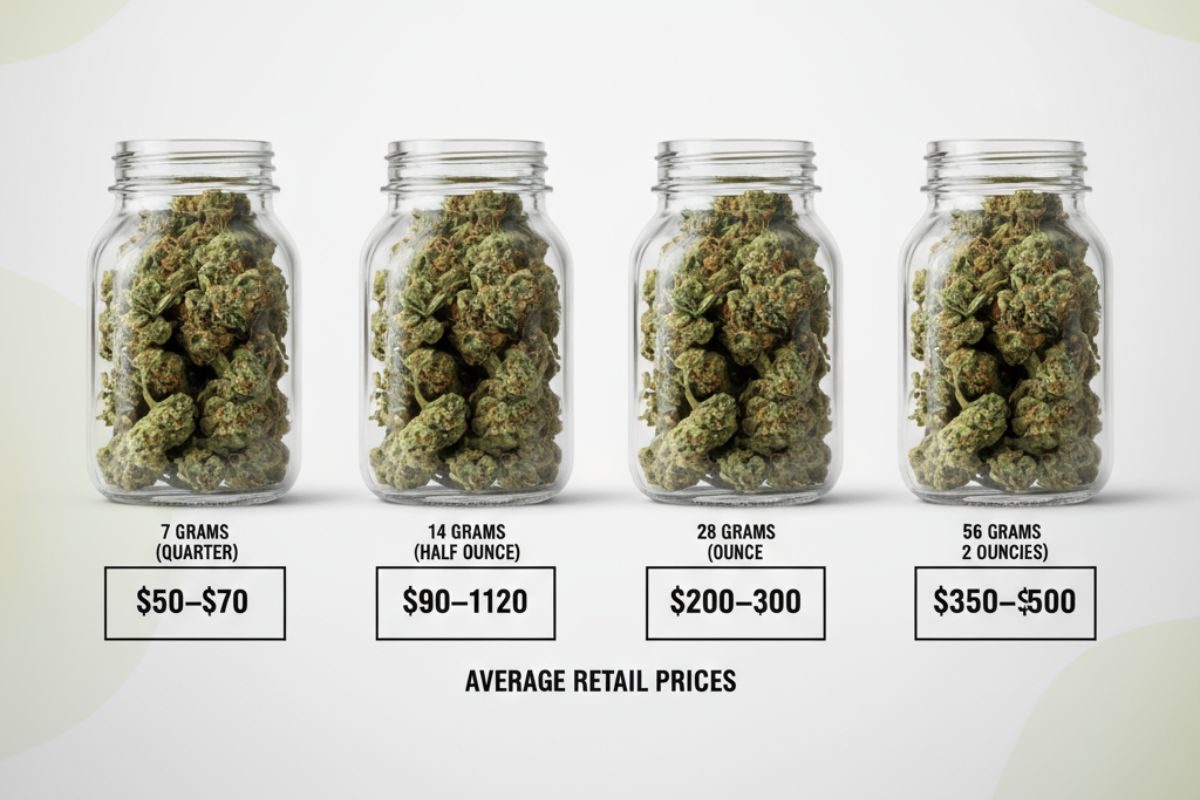 Weed prices comparison for quarter, half ounce, ounce, and 2 ounces.
