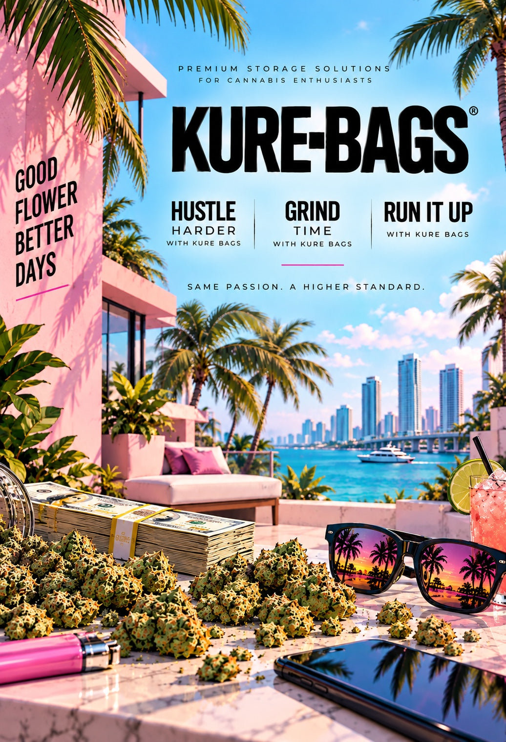 Kure Bags lifestyle banner with cannabis flower and luxury accessories reading Good Flower Better Days, Hustle Harder, Grind Time, Run It Up