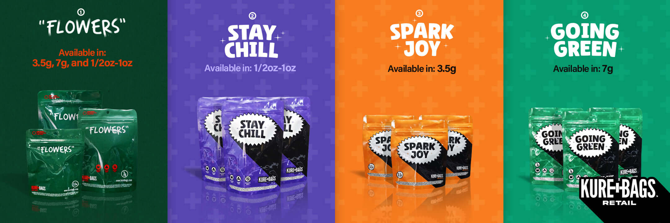 Kure Bags smell proof retail bags collection – four premium styles for cannabis and pre-packed flower packaging.