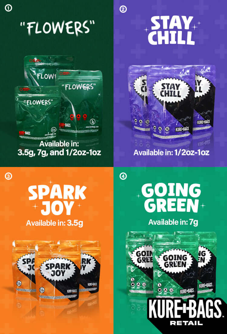 Kure Bags retail smell proof packaging – Flowers, Stay Chill, Spark Joy, Going Green designs in various sizes for cannabis storage.