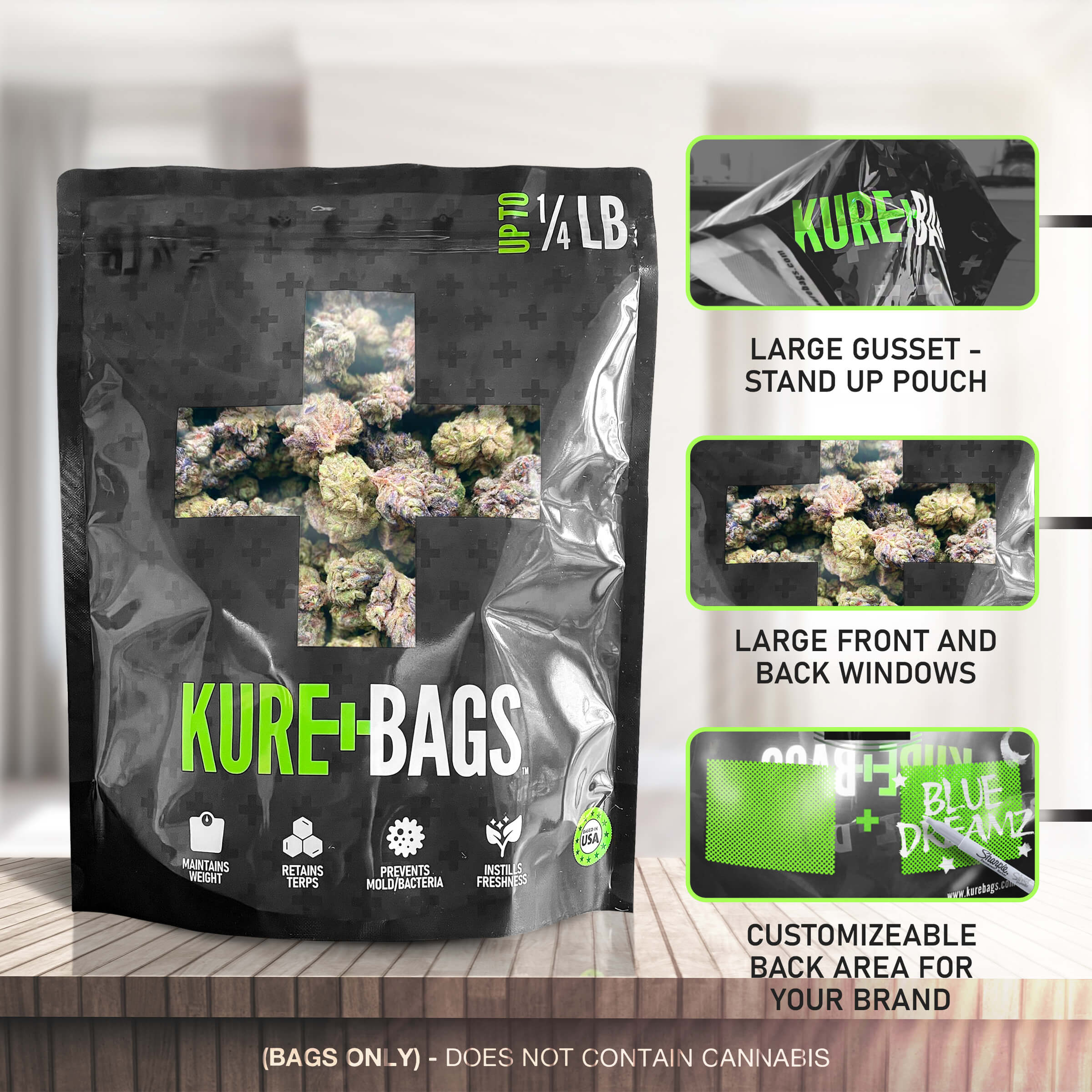 custom bags with mindful design, extra-wide gusset, front and back windows, and customizable back panel for branding