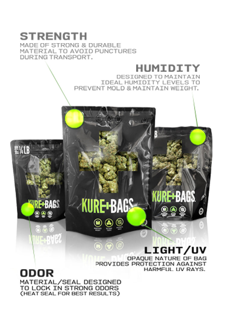 Kure-Bags packaging with cannabis buds, featuring text on material properties. Mobile.