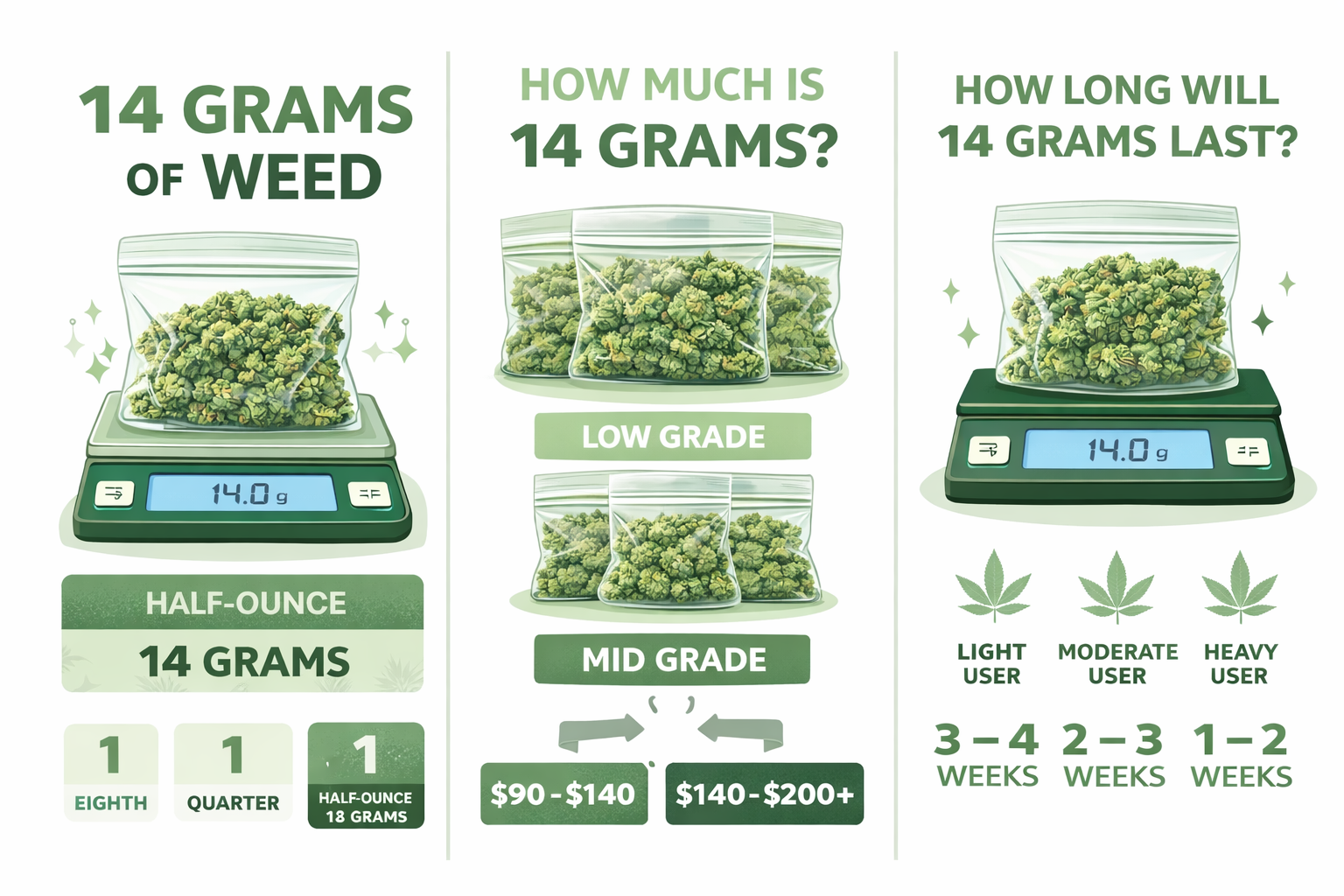 14 grams of weed: pricing, usage, duration