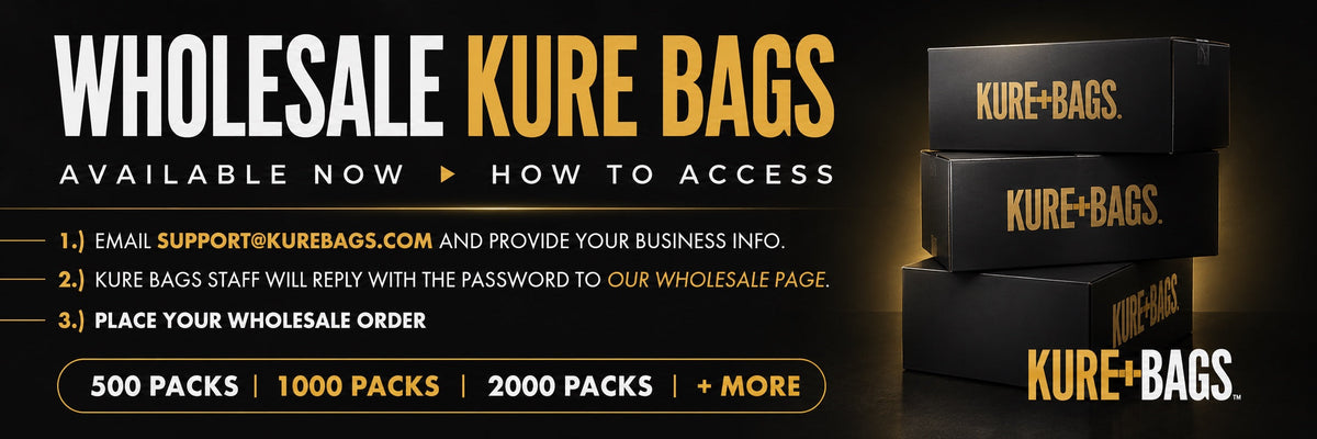 Wholesale Kure Bags banner with stacked Kure Bags wholesale boxes, showing 500, 1000, and 2000 pack options