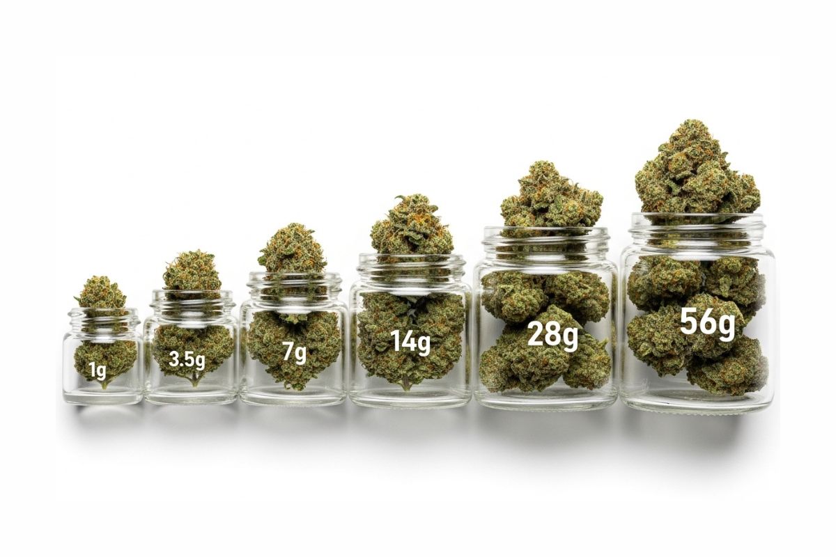 Cannabis quantities displayed from 1 gram to 2 ounces in containers.