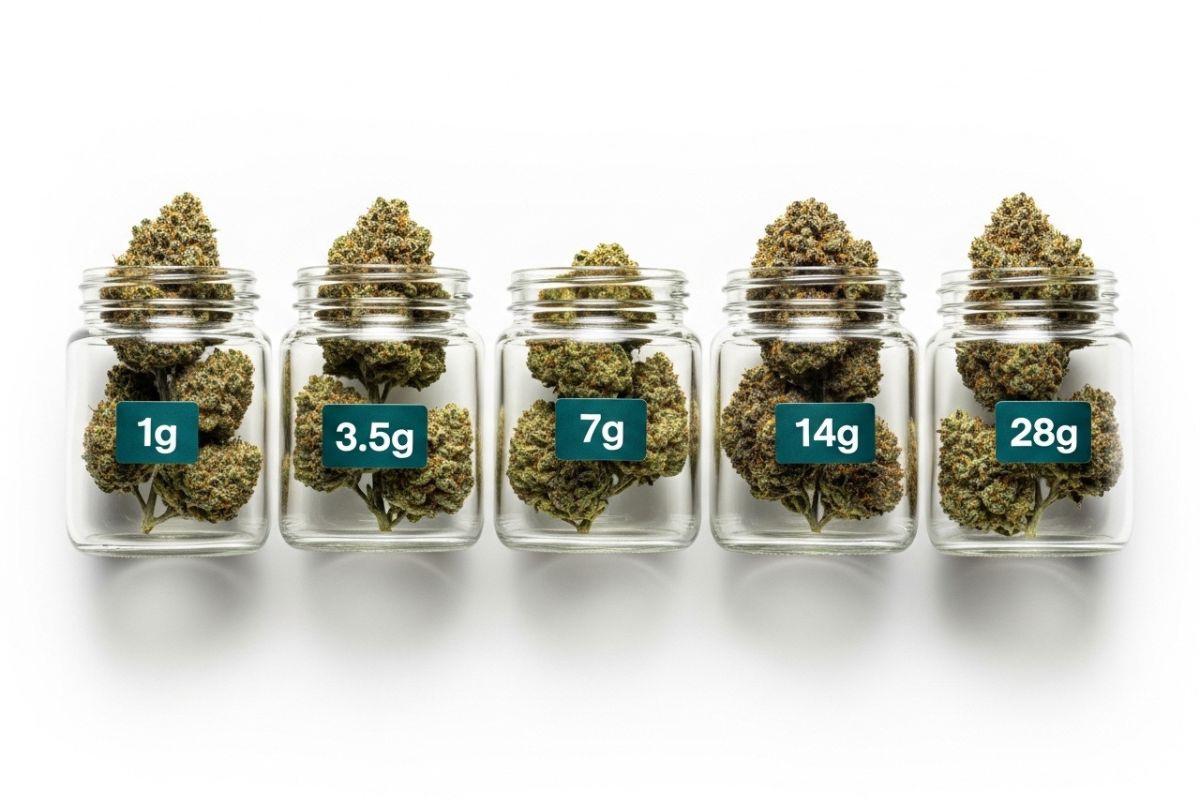 Weed measurements chart showing different cannabis sizes from 1g to 28g.