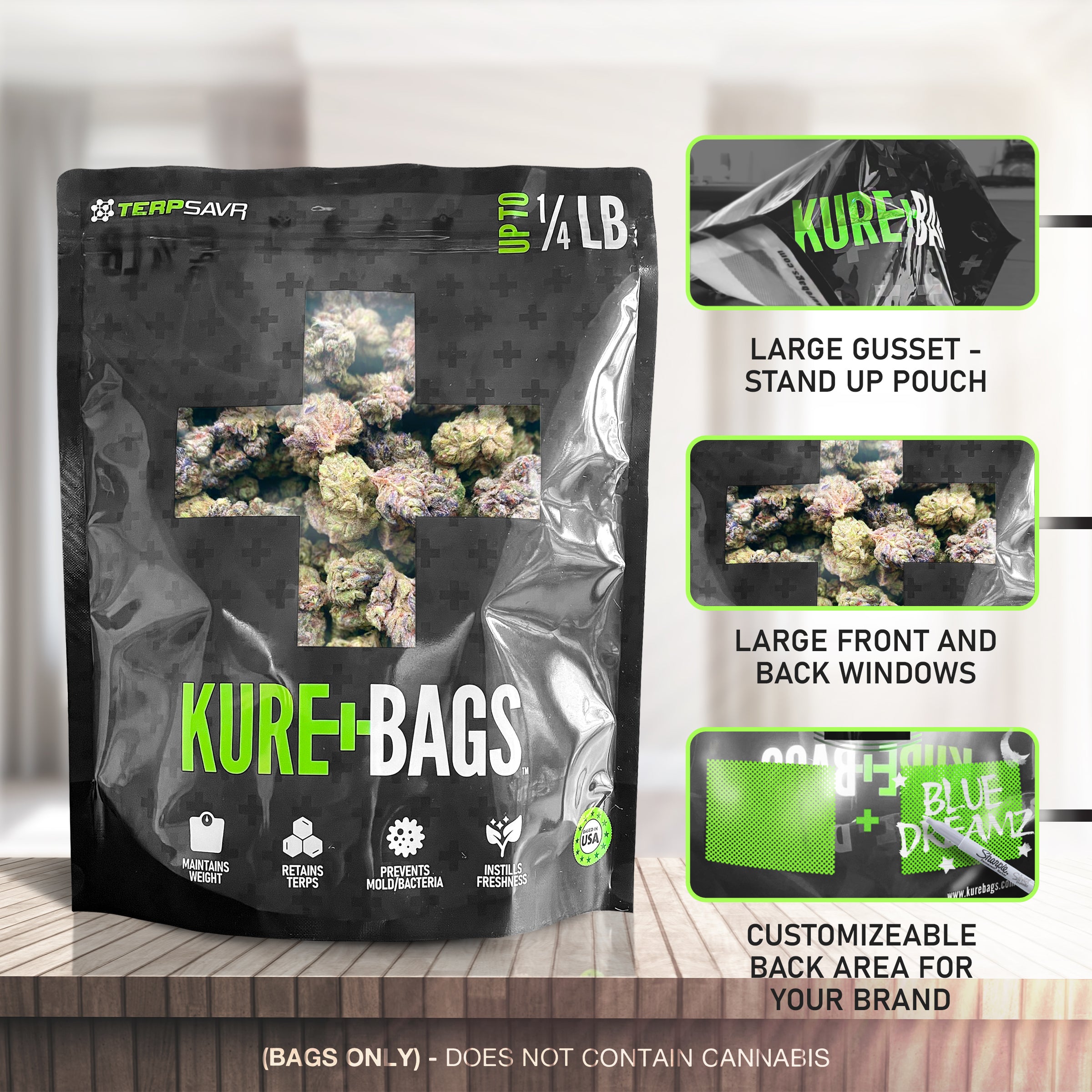 1/4LB KURE BAGS - BLACK/OPAQUE - FRONT & BACK WINDOW - CASE (50) - FREE SHIPPING