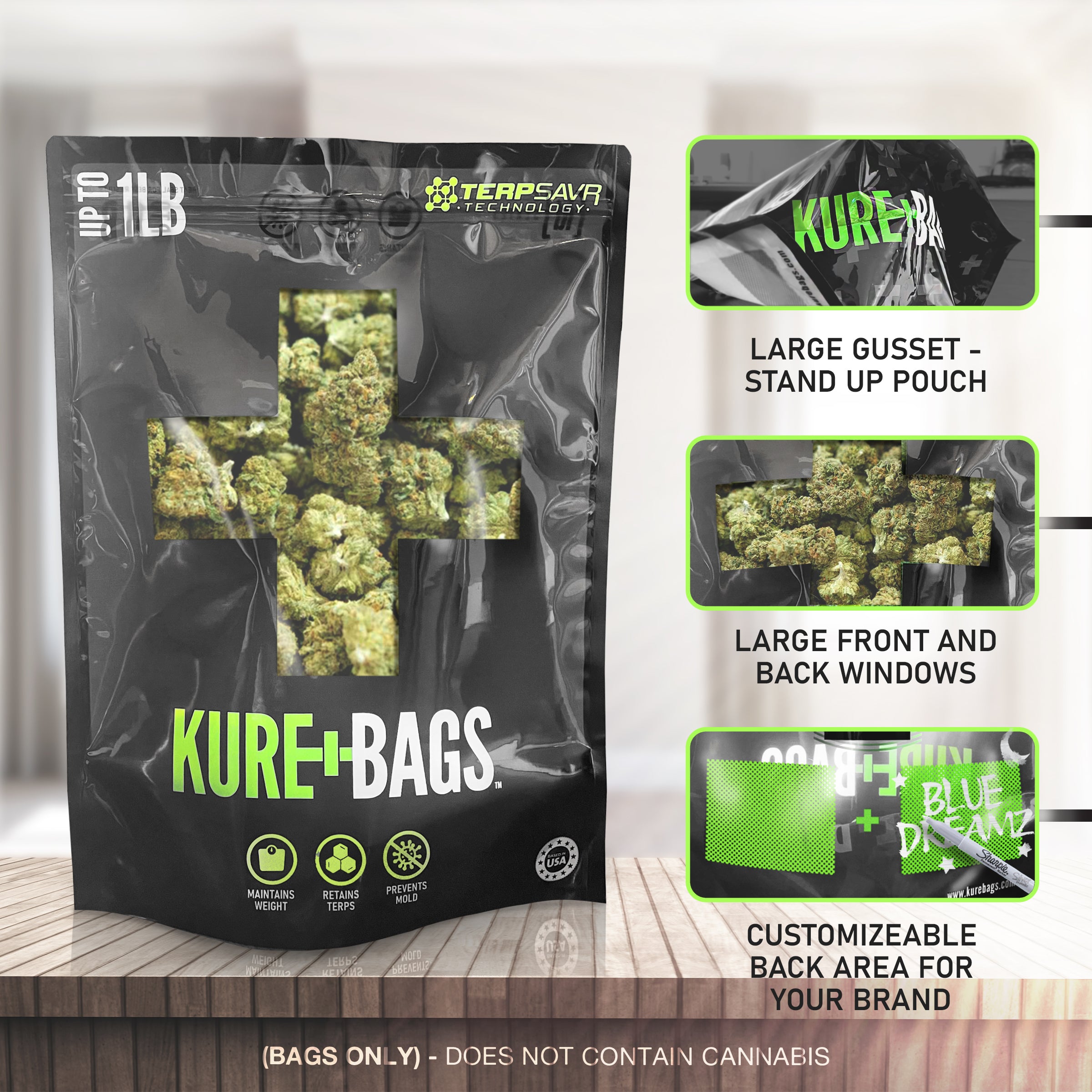 1 POUND KURE BAGS - BLACK/OPAQUE - FRONT & BACK WINDOW - CASE (50) - FREE SHIPPING