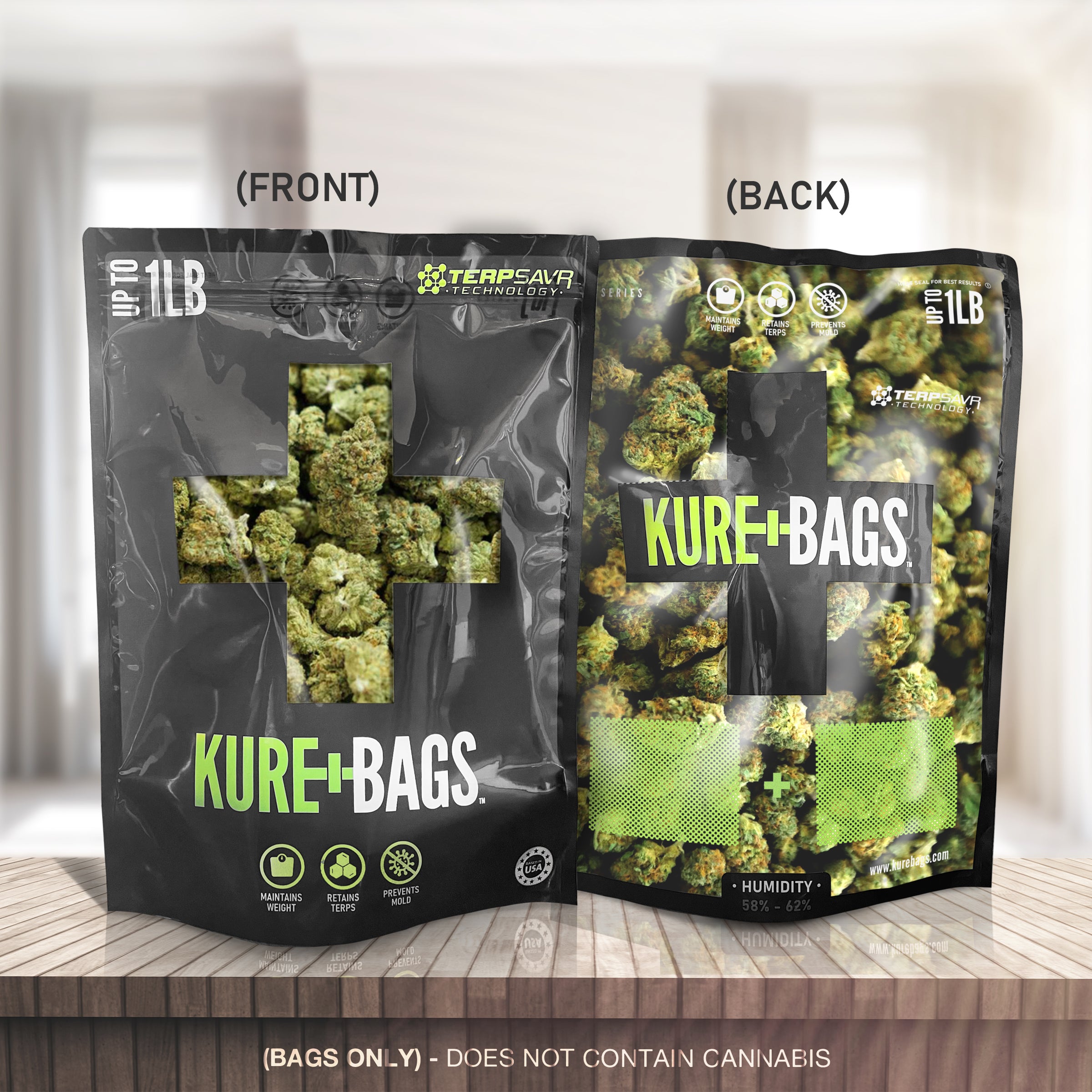 1 POUND KURE BAGS - BLACK/OPAQUE - FRONT & BACK WINDOW - CASE (50) - FREE SHIPPING