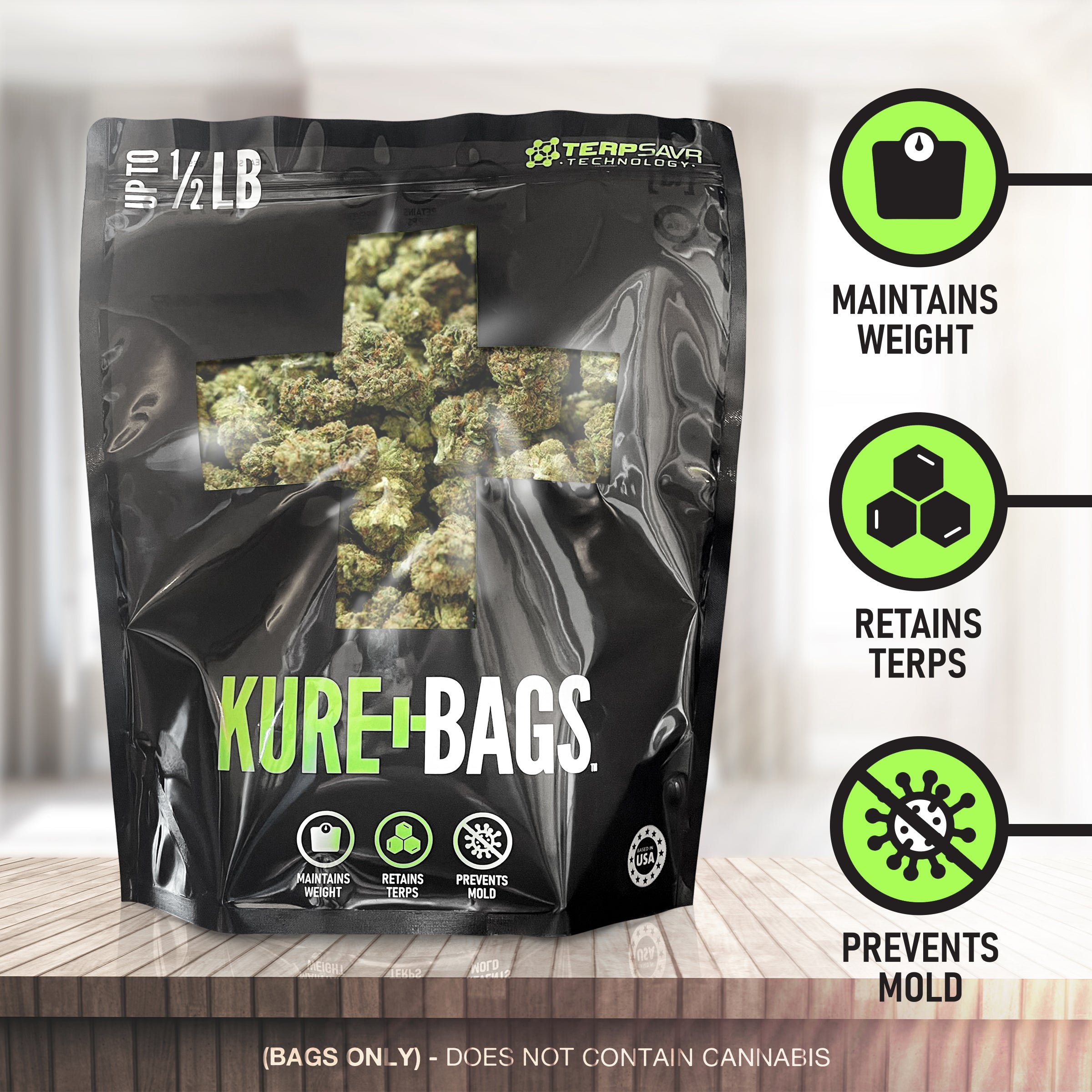 1/2LB KURE BAGS - BLACK/OPAQUE - FRONT & BACK WINDOW - CASE (50) - FREE SHIPPING