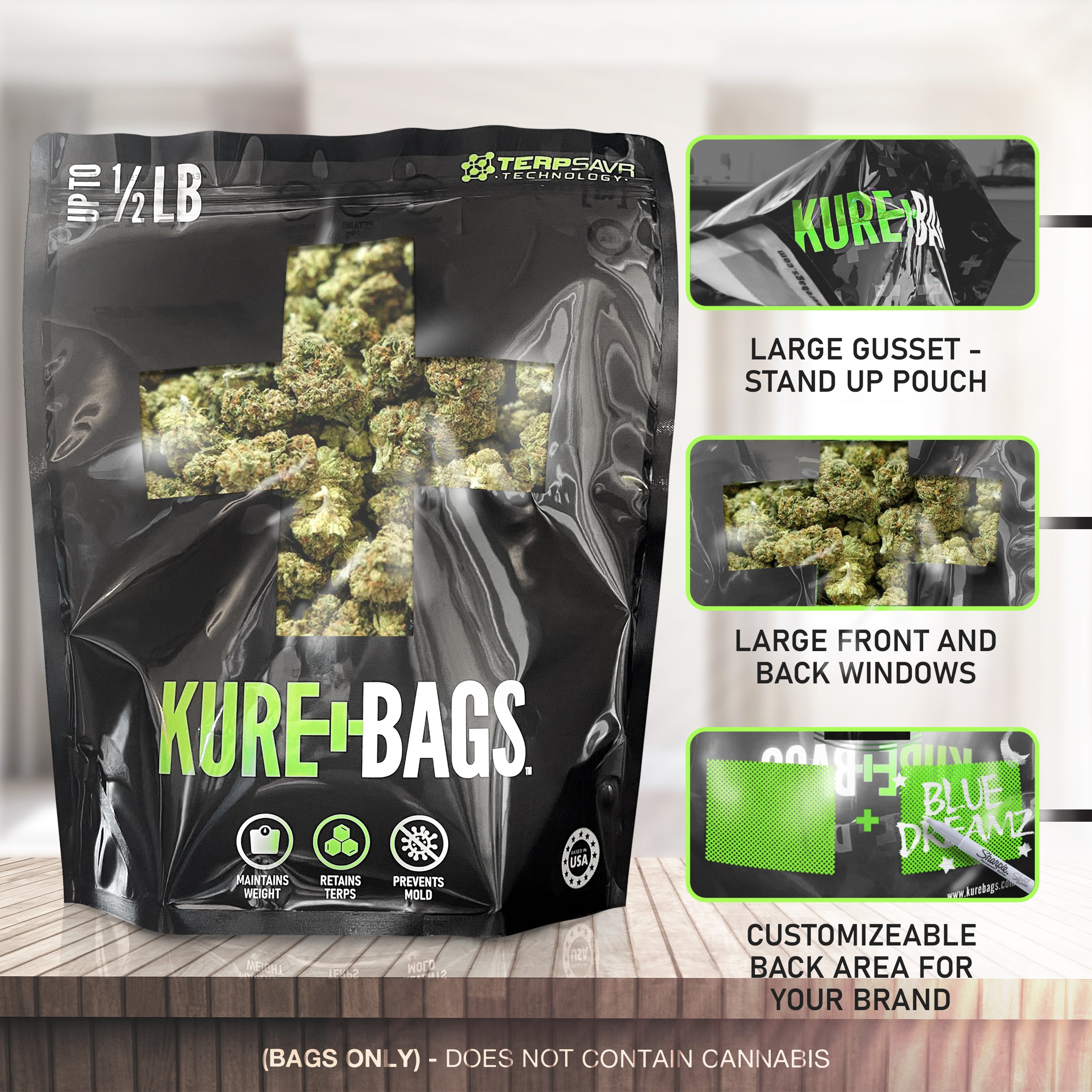 1/2LB KURE BAGS - BLACK/OPAQUE - FRONT & BACK WINDOW - CASE (10) - FREE SHIPPING