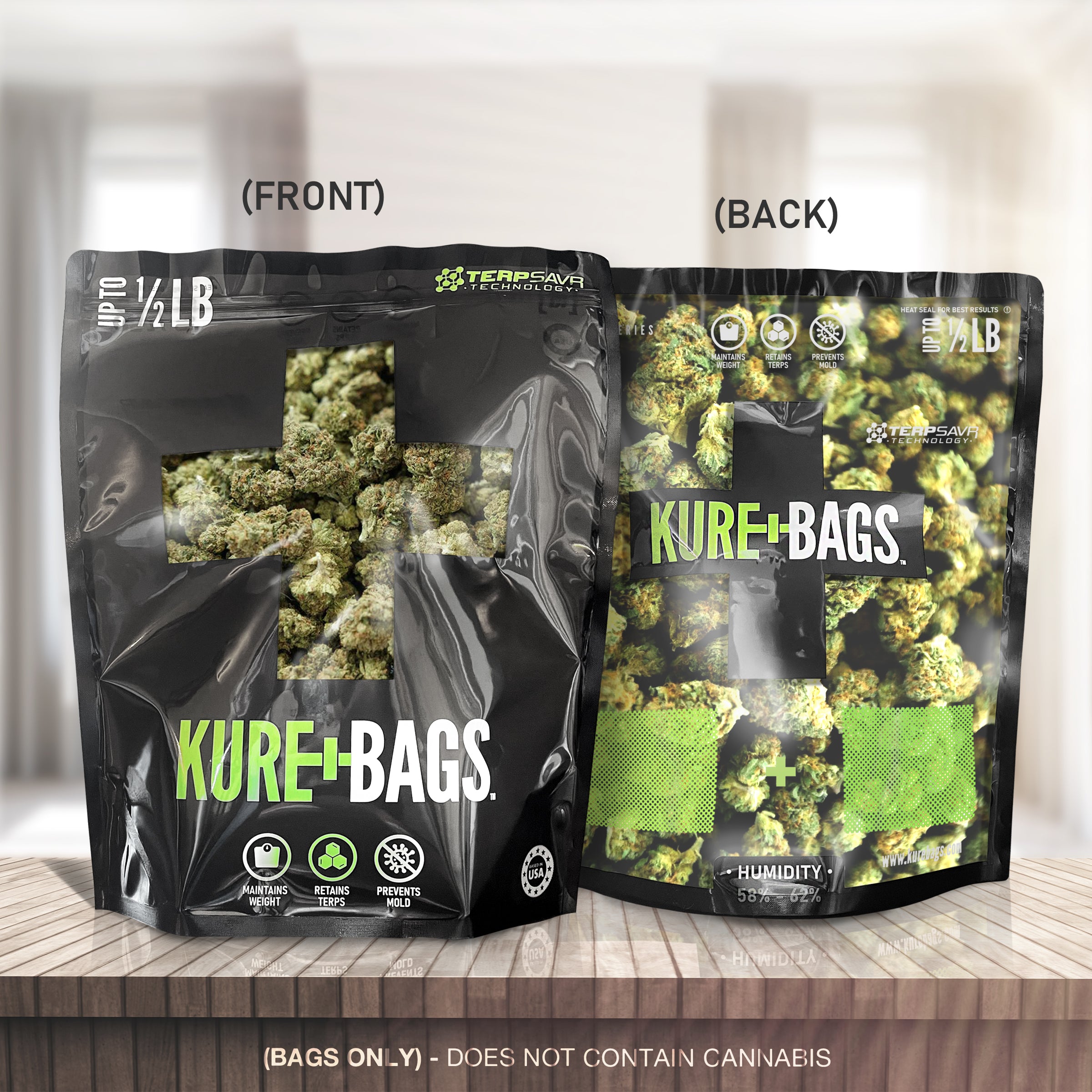 1/2LB KURE BAGS - BLACK/OPAQUE - FRONT & BACK WINDOW - CASE (50) - FREE SHIPPING