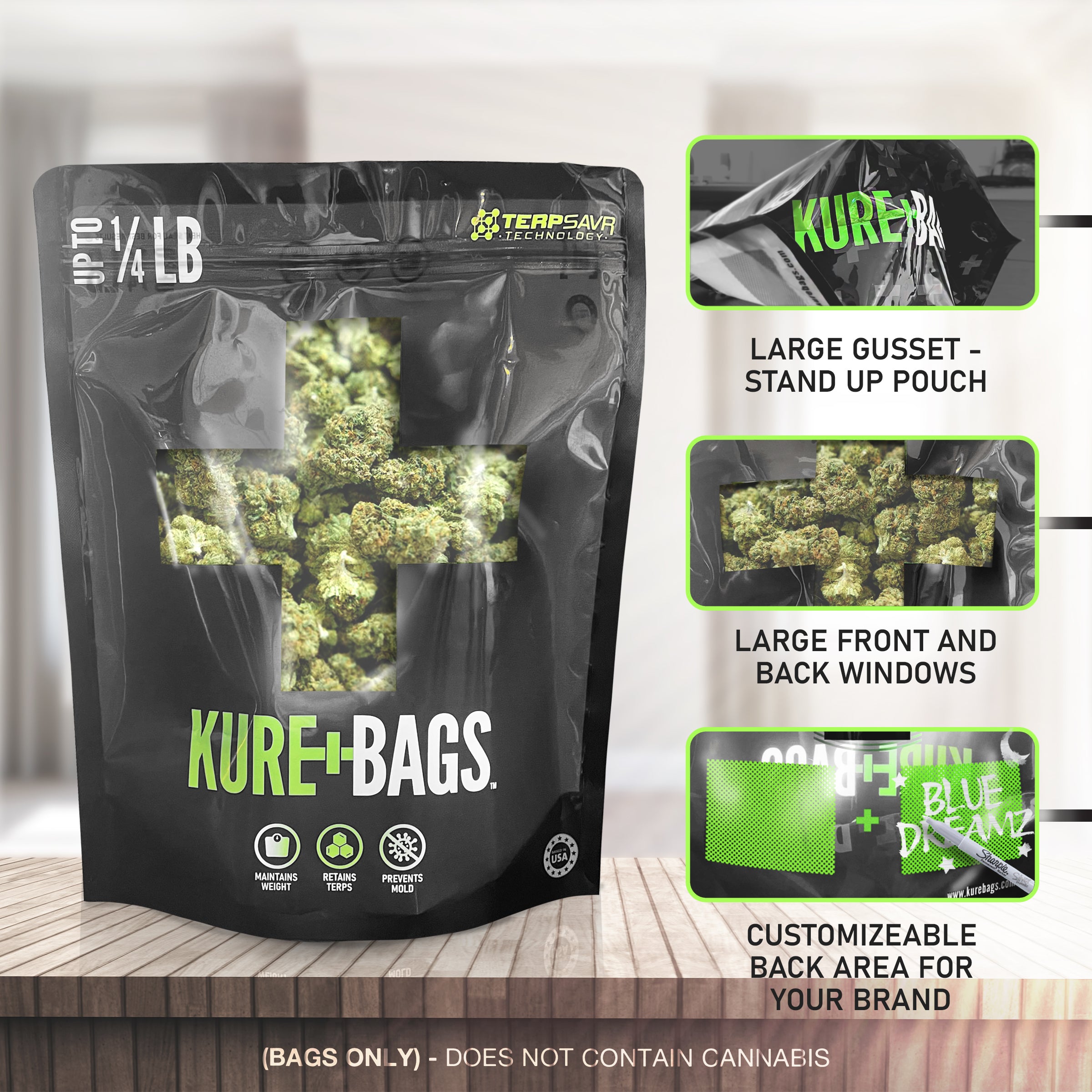 1/4LB KURE BAGS - BLACK/OPAQUE - FRONT & BACK WINDOW - CASE (10) - FREE SHIPPING