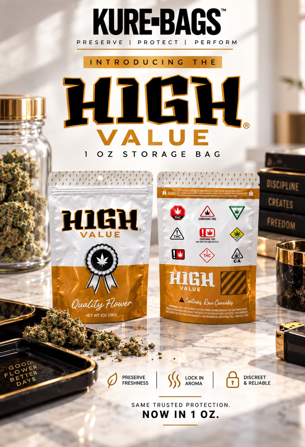 Kure Bags High Value 1oz storage bag shown front and back with THC warning labels, introducing the series now available in 1oz