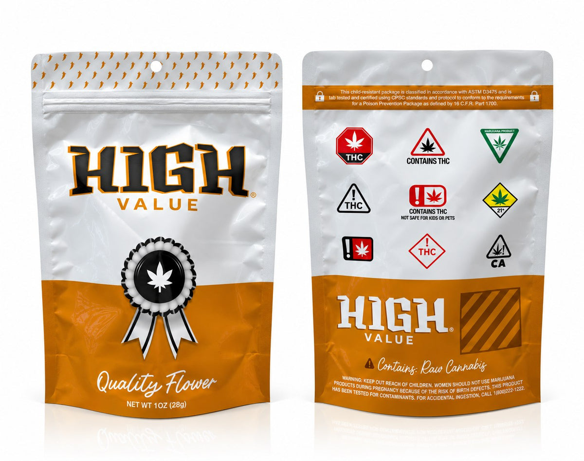 Kure Bags High Value Series 1oz weed bag, front and back