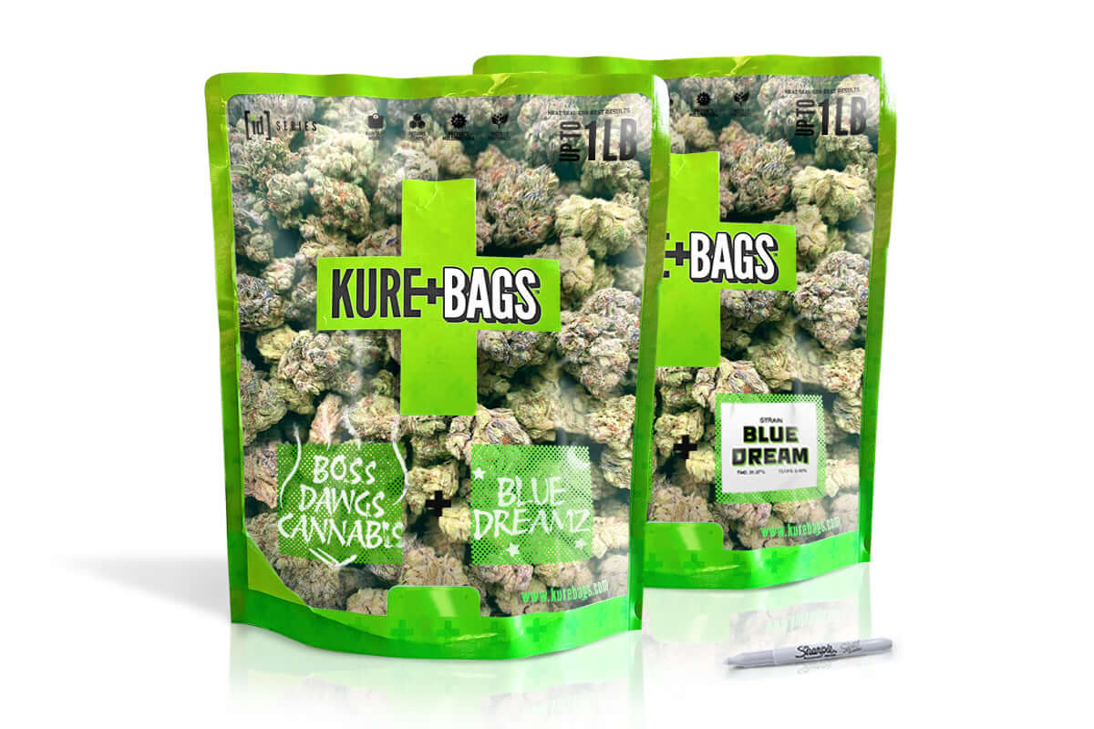 Kure Bags custom smell proof weed bags with logo – personalized cannabis packaging for branding and strain details