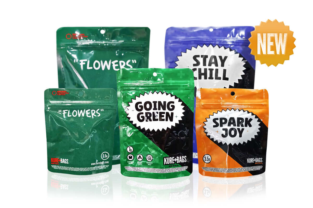 Kure Bags brand new retail smell proof bags for dispensary packaging – available in 3.5g, 7g, 1/2oz and 1oz sizes