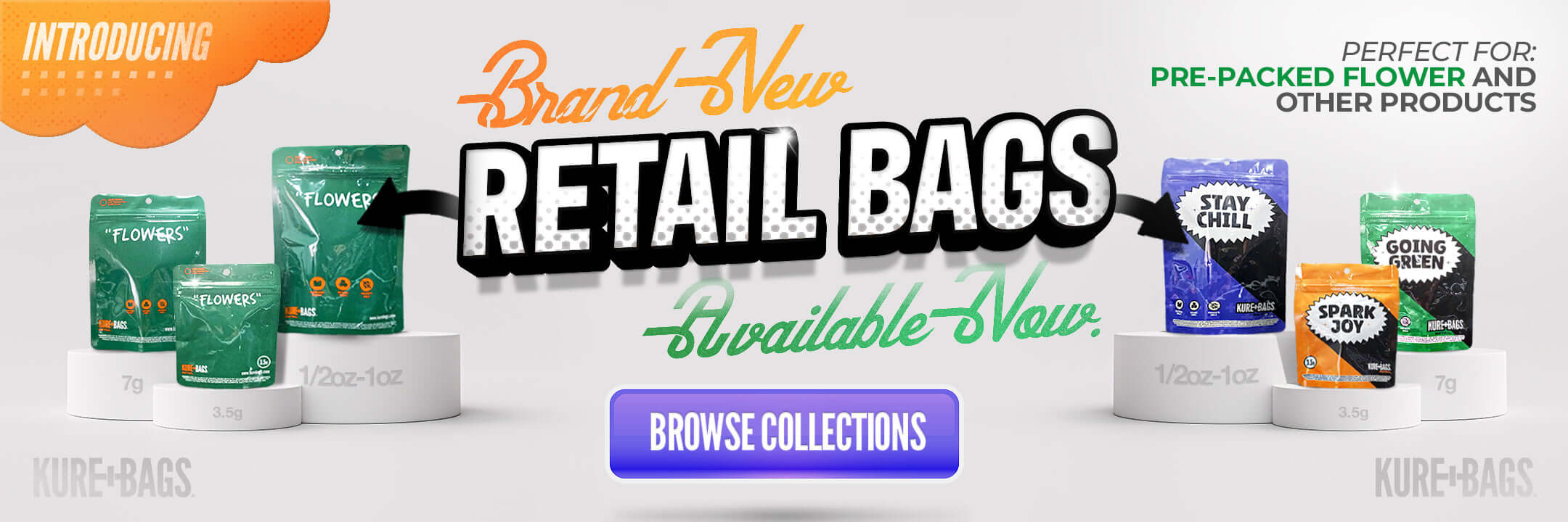 Kure Bags brand new retail smell proof bags for pre-packed flower and cannabis storage – available in multiple sizes from 3.5g to 1oz.
