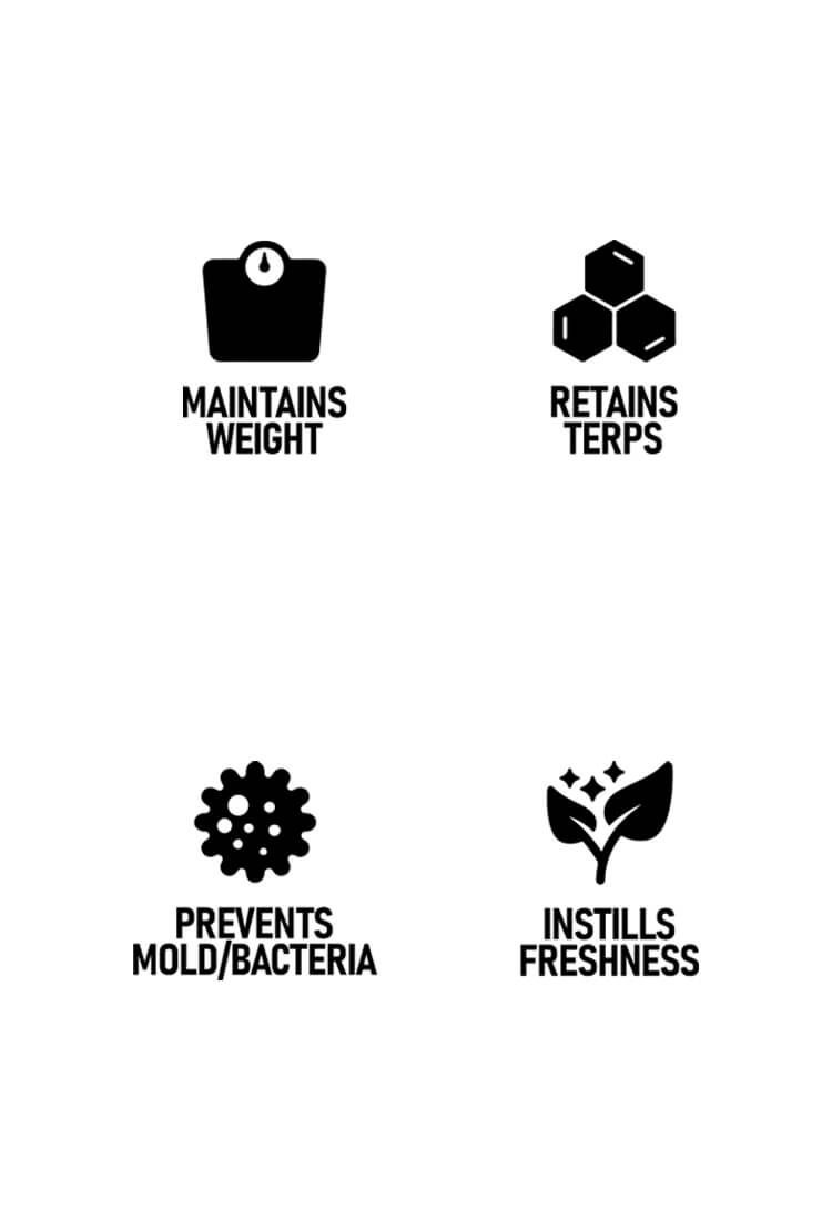 Kure Bags mobile view of custom bags with logo featuring FlavrSavr technology, maintains weight, retains terps, prevents mold and bacteria, instills freshness