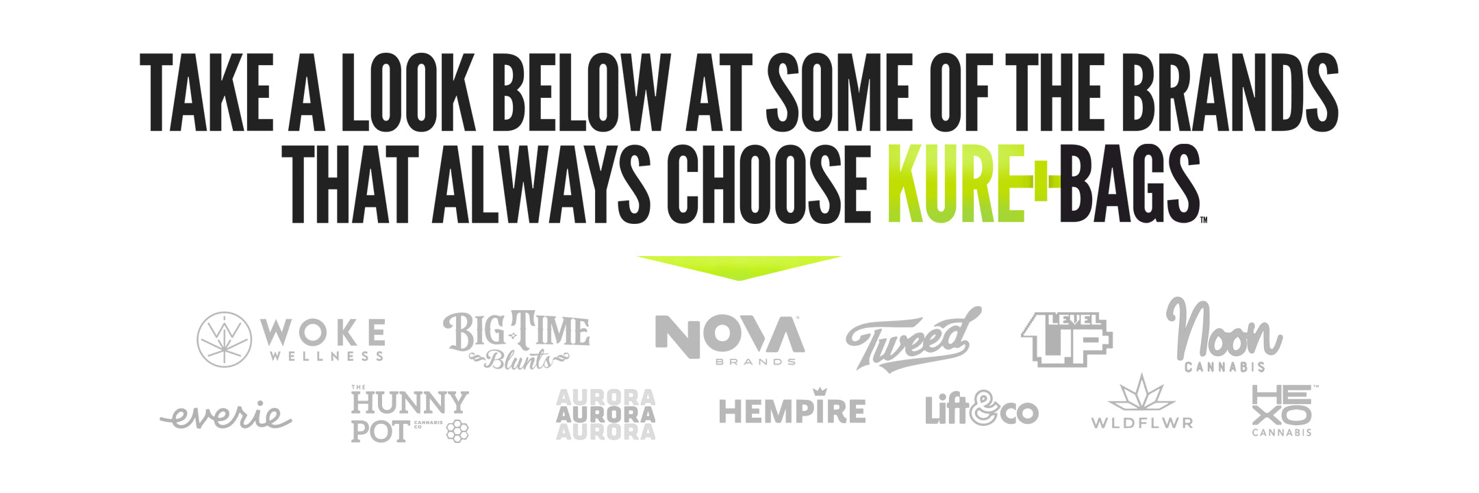 Featured brands that choose Kure Bags – logos of Woke Wellness, Big Time Blunts, Nova, Tweed, and others