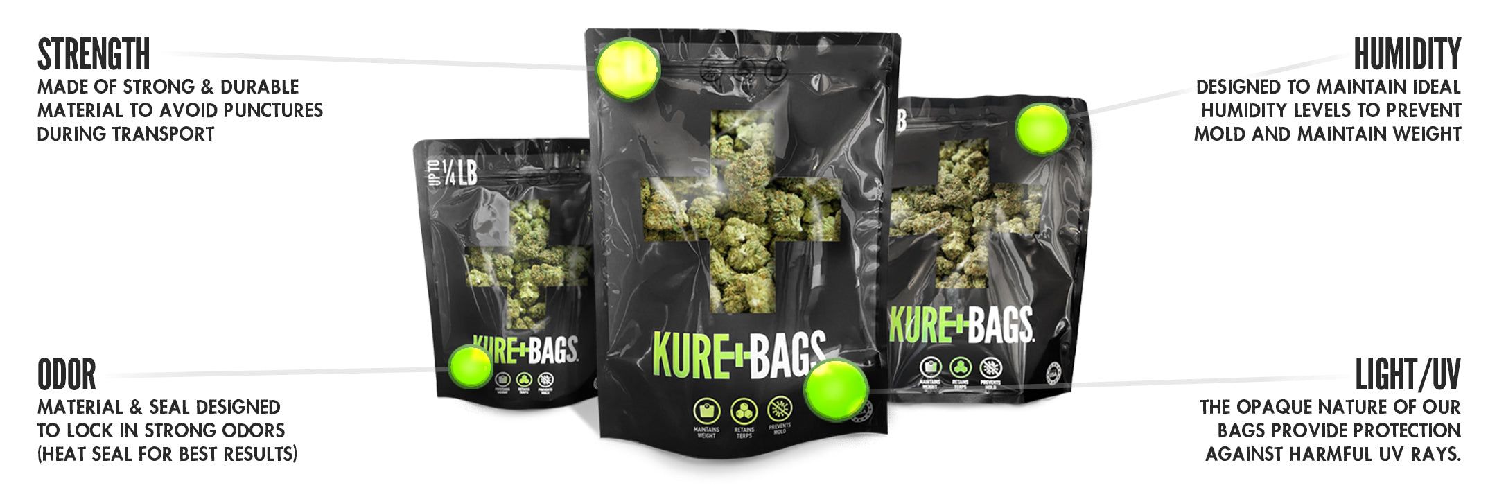 Kure Bags packaging with text on material strength, humidity control, and light/UV protection.